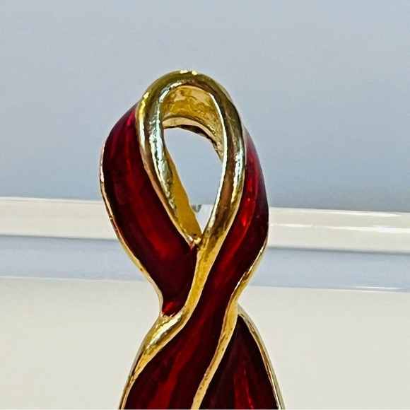 Red and Gold Enamel AIDS Awareness Ribbon Pin - Picture 5 of 7